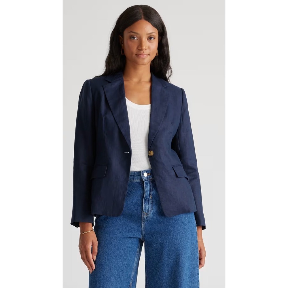 Quince 100% European Linen Structured Blazer Deep Navy Blue Size L QTCL004